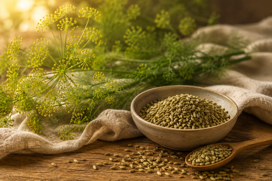 Fenchel in einer Holzschale auf einem Leintuch